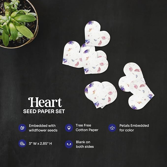Wildflower Seed Paper - Set of 24 Mixed Heart-Shaped with Envelopes and Planting Instruction, Writable & Plantable Gift for Moms and Plant Lovers, Ideal for Wedding, Memorial, Baby Showers