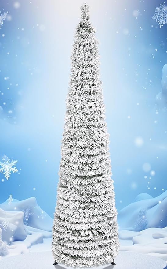 HMASYO 5 FT Pop Up Christmas Tree with Timer Lights, Collapsible Snow Flocked Pencil Christmas Tree, Artificial Slim Xmas Tree for Indoor Home Apartment Porch Holiday Party Decorations
