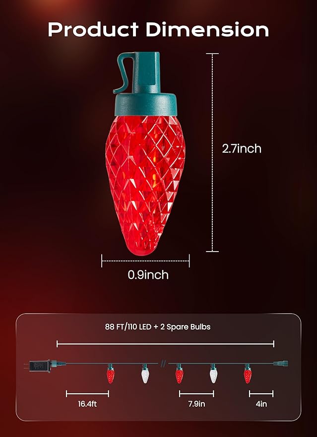 C9 Outdoor Christmas Lights, 72 FT 110 LED C9 String Lights, 8 Modes & Timer Extendable Waterproof for Christmas Tree Indoor Outdoor Roofline Patio Outside Garden Yard Holiday Xmas Decor, Red White