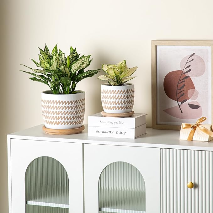 Ceramic Flower Pots Indoor-Outdoor: 7.75 Inch Large Planters with Drainage Holes & Saucer - Modern Decorative Plant Pots Ceramic for Home Gardeners (Wave)