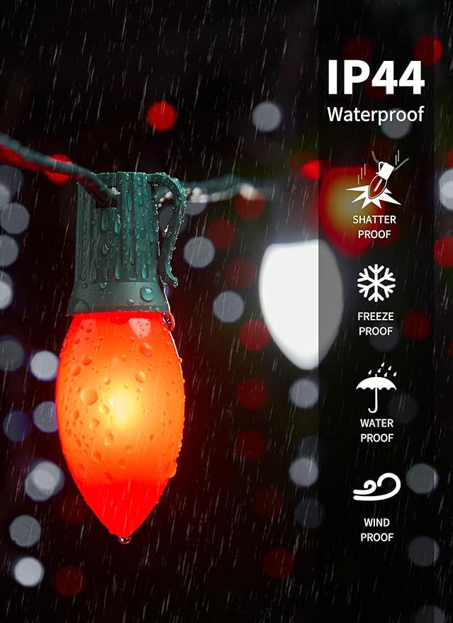 Vintage C9 LED Christmas Lights Outdoor, 100 Feet C9 String Lights with 100 Shatterproof C9 Bulbs, Waterproof Connectable Christmas Tree Lights for Outside Roofline Patio Xmas Decor, Red & Pure White