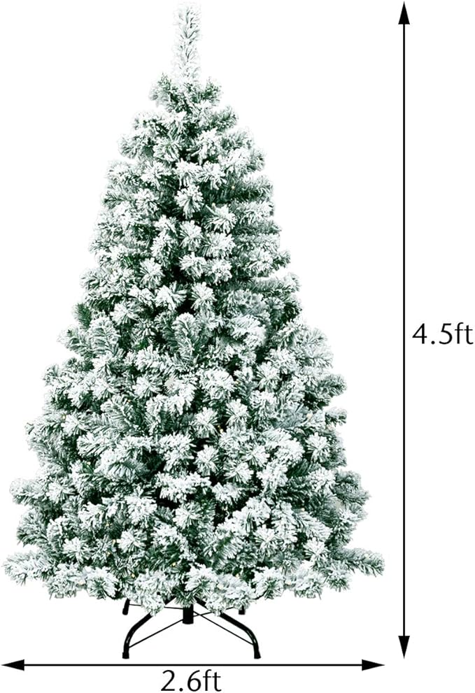 Happygrill 4.5FT Pre-lit Artificial Hinged Christmas Pine Tree Snow Flocked Christmas Tree with Solid Metal Stand Flexible Branches Traditional Festival Decoration Tree