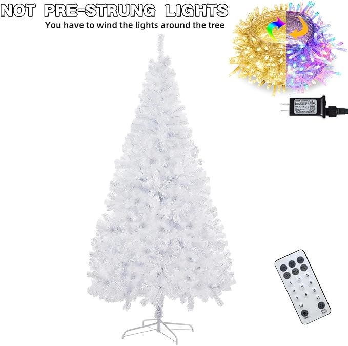Juegoal 6 FT Artificial Christmas Tree (NOT Pre-Strung) with Remote Control, 300 LED Warm White & Multicolor Changing Lights, Fake Xmas Pine Tree with Metal Legs, 850 Branch Tips, White
