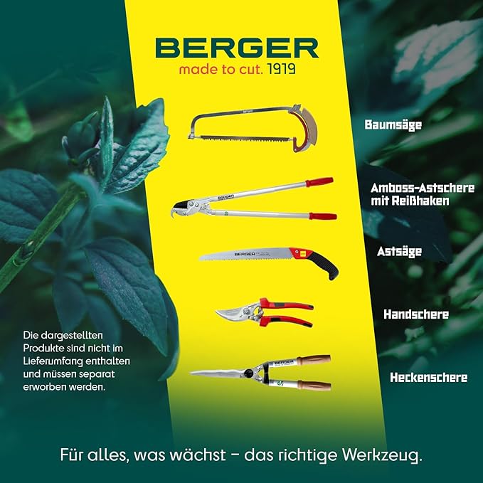 BERGER Commercial Grade Grass Shears, Self-Sharpening Steel Blades with Anti-Stick Coating, Forged Steel Body, Ring Clasp for Hanging Storage, 2200