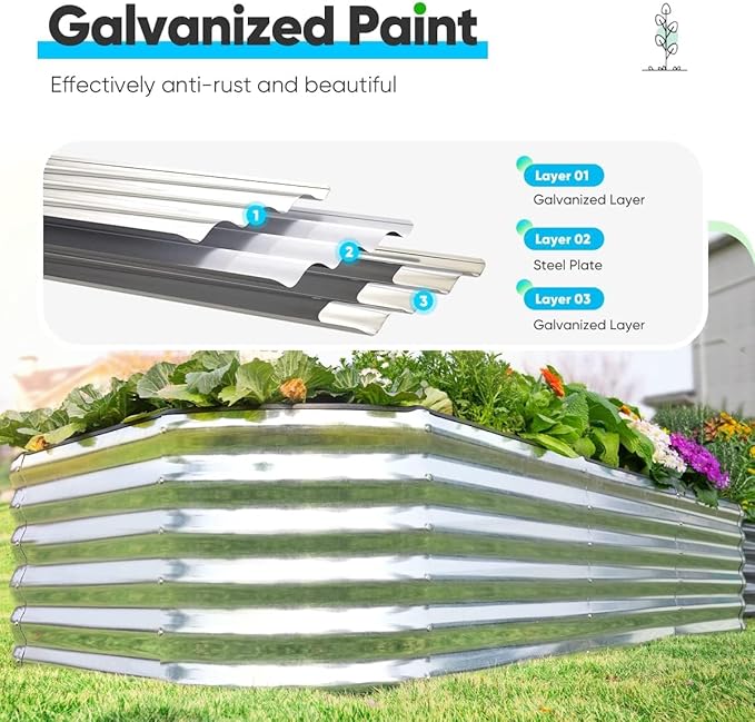 Quictent Raised Garden Bed Kit Oval Galvanized Metal Planter Box Tall for Vegetables Outdoor Backyard, Rubber Strip Edging Included, Silver 8x4x1.5 ft
