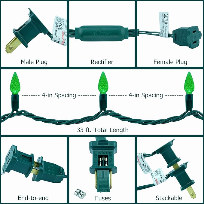 YULETIME Green C6 Strawberry LED Christmas Lights, 33 ft 100 Count 4" Spacing One-Piece High Waterproof UL Certified String Light (Green)
