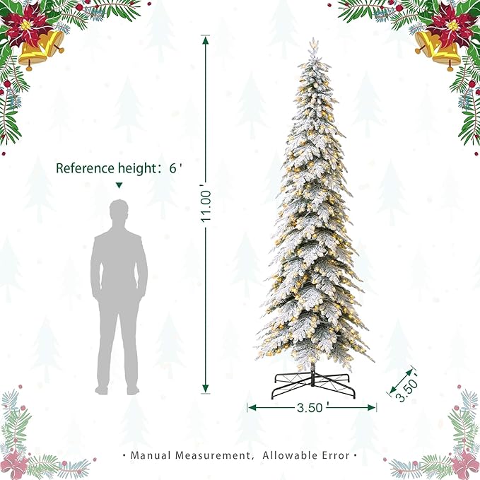 Glitzhome 11ft Prelit Christmas Tree, Artificial Christmas Tree with 700 Warm White Lights, Flocked Pencil Tree Chicago Frostwood Spruce Xmas Tree w/2890 PE&PVC Branch Tips and Sturdy Metal Stand