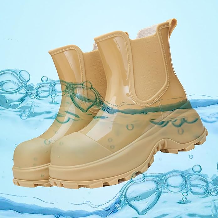 Women'S Waterproof Chunky Platform Chelsea Rain Boots Fashion Big Toe Comfort Slip-On Block Heel Outdoor Garden Work Ankle Boots Casual Lug Sole Non-Slip Combat Booties