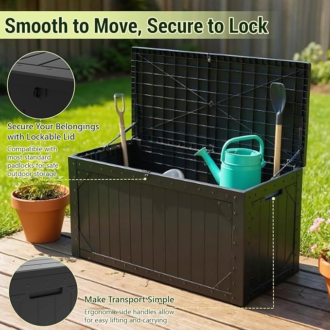 Deck Box outdoor waterpoorf, Storage Box Outdoor and Indoor for Pool Toys, Patio Cushions, Resin Storage Bin for Outside, Lockable (Black, 100 Gallon)