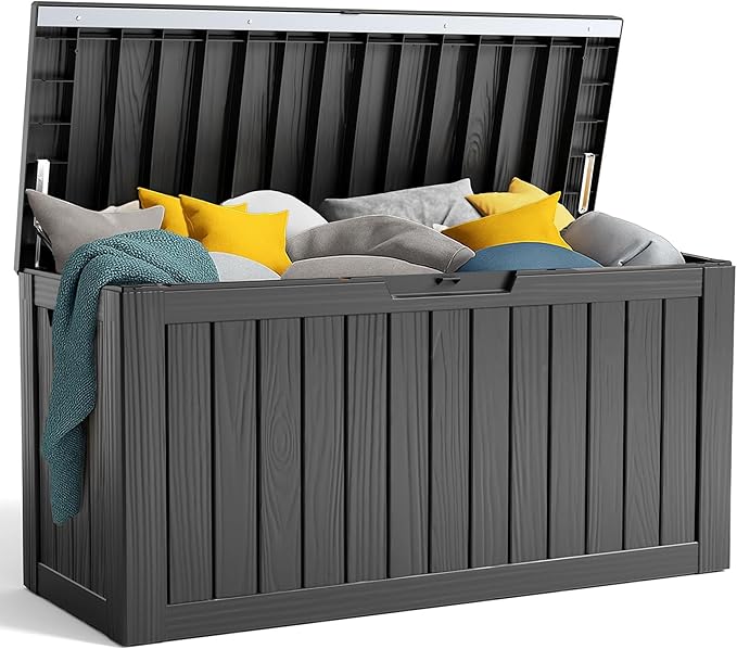 80 Gallon Resin Deck Box, Lockable Patio Outdoor Storage Box for Furniture, Garden Tools and Tools Storage, Waterproof Outside Storage Box - Black