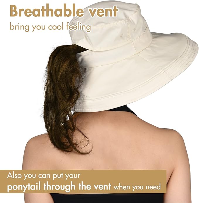 Sun Hats for Women Gardening Hat Wide Brim Ponytail Beach Sun Protection Breathable Cotton Summer Hat with Fold-Up Brim