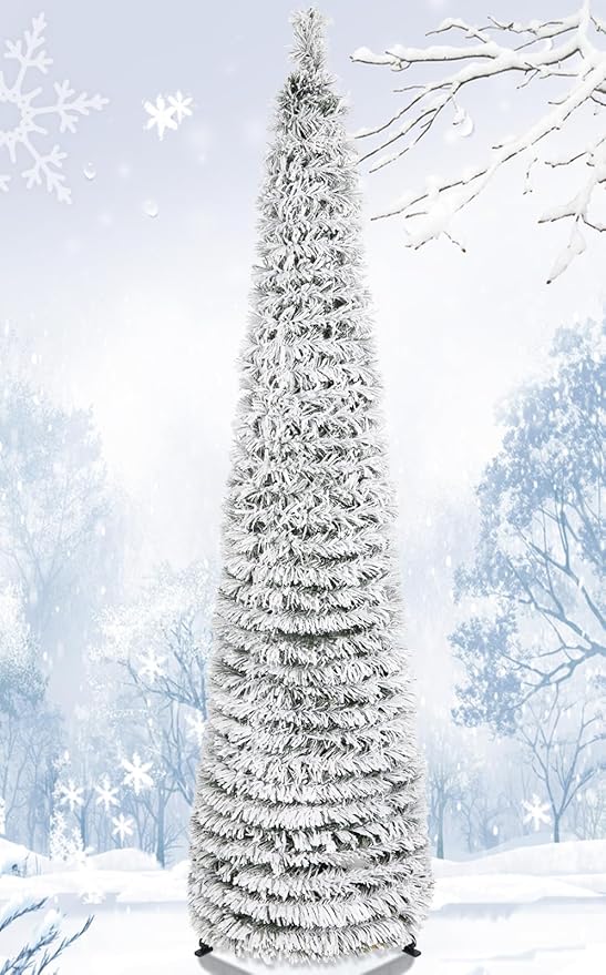 HMASYO 5 FT Pop Up Christmas Tree with Timer Lights, Collapsible Snow Flocked Pencil Christmas Tree, Artificial Slim Xmas Tree for Indoor Home Apartment Porch Holiday Party Decorations