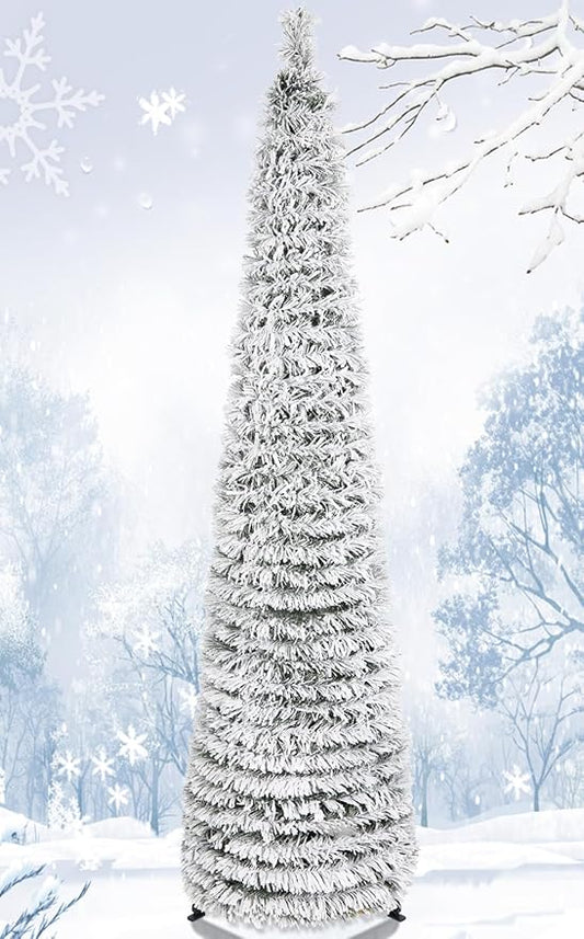 HMASYO 5 FT Pop Up Christmas Tree with Timer Lights, Collapsible Snow Flocked Pencil Christmas Tree, Artificial Slim Xmas Tree for Indoor Home Apartment Porch Holiday Party Decorations