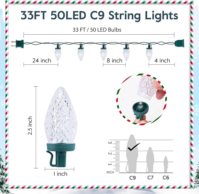 Brightown C9 LED Christmas Lights Outdoor, 33ft 50 LED Waterproof Strawberry String Lights, Extendable Green Wire Lights String for Outdoor Indoor Patio Party Decoration, Blue and White