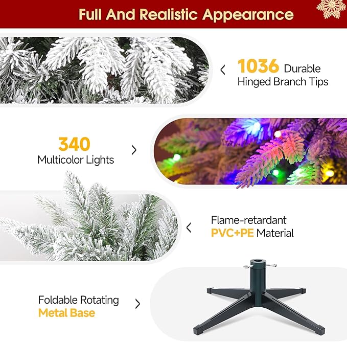 6.5ft Pre-Lit Snow Flocked Rotating Christmas Tree with 340 Multi-Color LED Lights, 1036 PE & PVC Tips - Realistic Artificial Tree for Holiday Decor