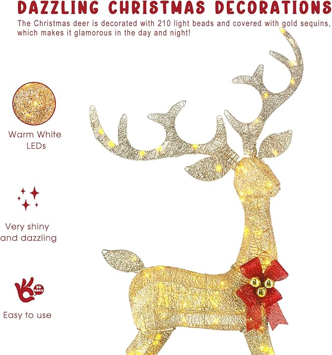 Light Up Christmas Reindeer Decor Set of 3 (4ft Tall) with 240 LED Lights, Ideal as Outdoor Christmas Decorations Yard Display or Indoor Home Decor, Features Sturdy Metal Frame and Ground Stakes