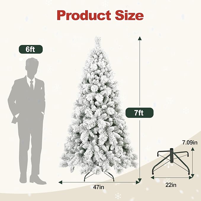 7 Ft Unlit Snow Flocked Christmas Tree, Artificial Xmas Tree with 1060 PVC/PE Realistic Branch Tips, Metal Stand Decor for Holiday, Party, Home Easy to Assemble