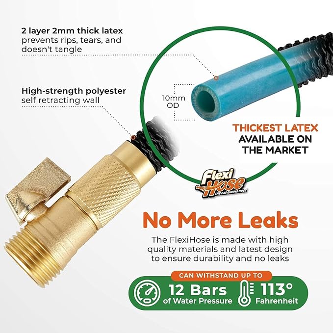 Flexi Hose PLUS with 8 Function Nozzle Expandable Garden Hose, Lightweight & No-Kink Flexible Garden Hose, 3/4 inch Solid Brass Fittings and Double Latex Core, 100 ft Black
