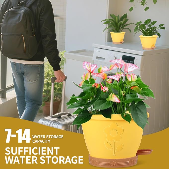 Plastic Plant Pots 10 Inch Set of 4, Self Watering Pots with Drainage Holes, Saucer & Reservoir, Flower Pots for Indoor/Outdoor Plants, Decorative Nursery Planting Pots (Yellow)