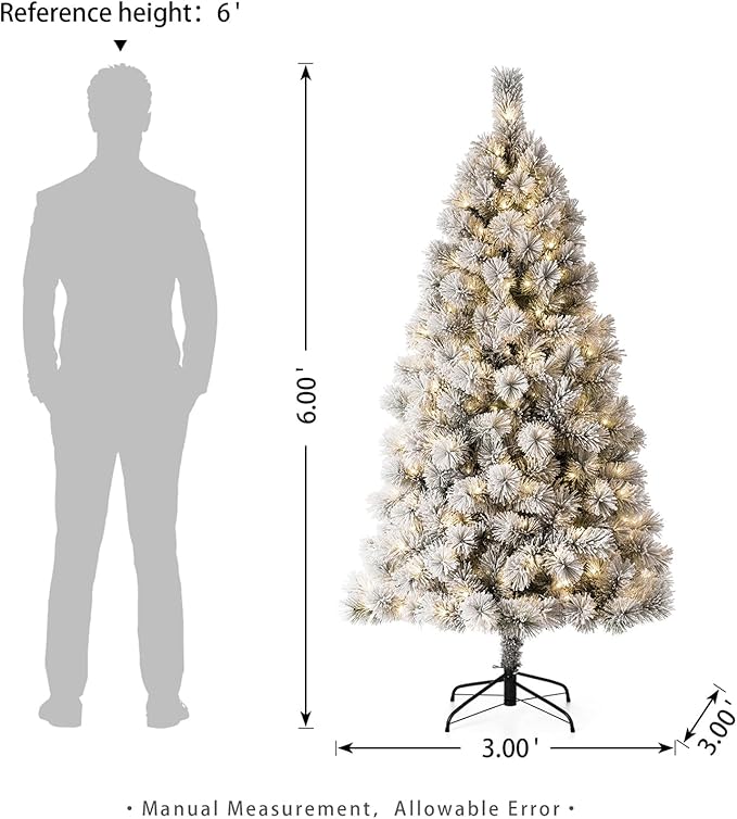 Glitzhome 6ft Pre-Lit Flocked Pencil Pine Artificial Christmas Tree with 300 Warm White Lights and Foldable Metal Stand for Home, Office, Party Decoration, Easy Assembly