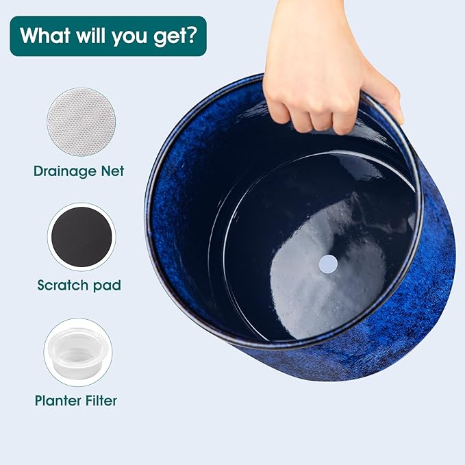 vancasso 6"+8"+10" Ceramic Pot for Plants, Large Outdoor Indoor Planter Pots with Drainage Holes, Set of 3, Blue