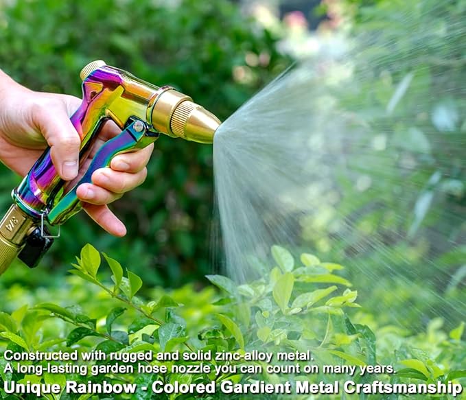 ESOW Heavy Duty Metal Garden Hose Nozzle, High Pressure Water Hose Nozzle with 4 Spray Patterns Rotating, Ideal for Outdoor Lawn & Garden Watering, Car & Pet Washing, Rainbow