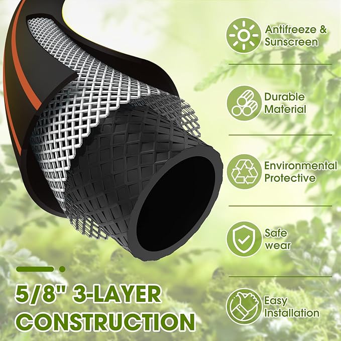 Heavy Duty Garden Hose – 5/8 Inch Flexible, Lightweight Hybrid Hose with 600 PSI Burst Pressure, Swivel Handle, and Durable Copper Male/Female Fittings (Black with hose sprayer, 50FT)