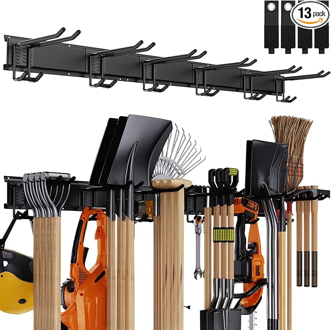Garage Tool Organizer Wall Mount, 48 Inch Adjustable Garage Tool Storage Rack, Heavy Duty Garden Tool Organizer Rack, Yard Tool Organizer System for Rake Shovel Broom Mop Wall Holder