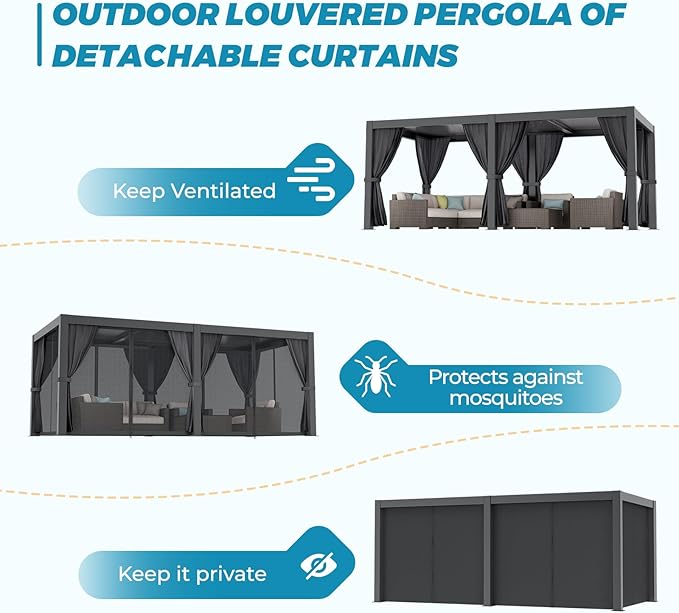 LVUYOYO Outdoor Louvered Pergola 10' x 20', Aluminum Pergola with Adjustable Roof, Waterproof Metal Gazebo with Curtains and Netting for Patio, Backyard, Garden, Deck (Black)