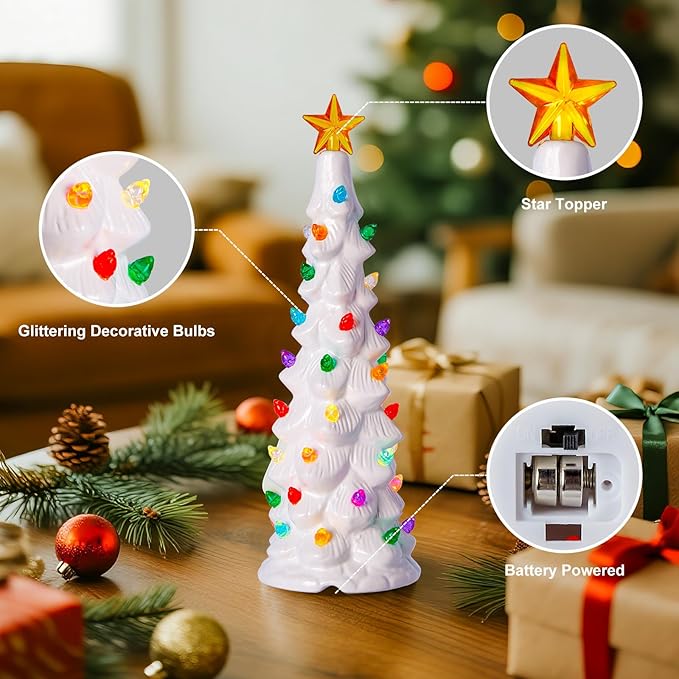 Brightown Lighted Ceramic Christmas Tree Set of 3, Pre-Lit Hand-Painted Tabletop Christmas Tree with Multicolored LED Lights, Battery Operated Vintage Ceramic Tree for Home Table Holiday Decor, White