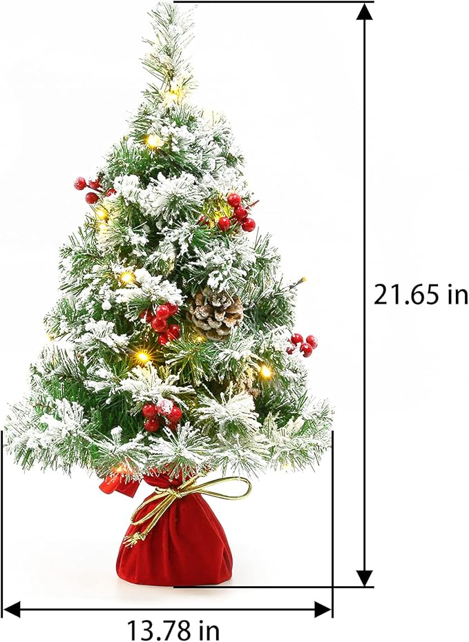 Sunnyglade 21.6 inch Snow Flocked Christmas Tree Artificial Mini Christmas Pine Tree Indoor Tabletop Ornaments Decorations with 30 LED Lights,Red Cloth Base and Pine Cones,White