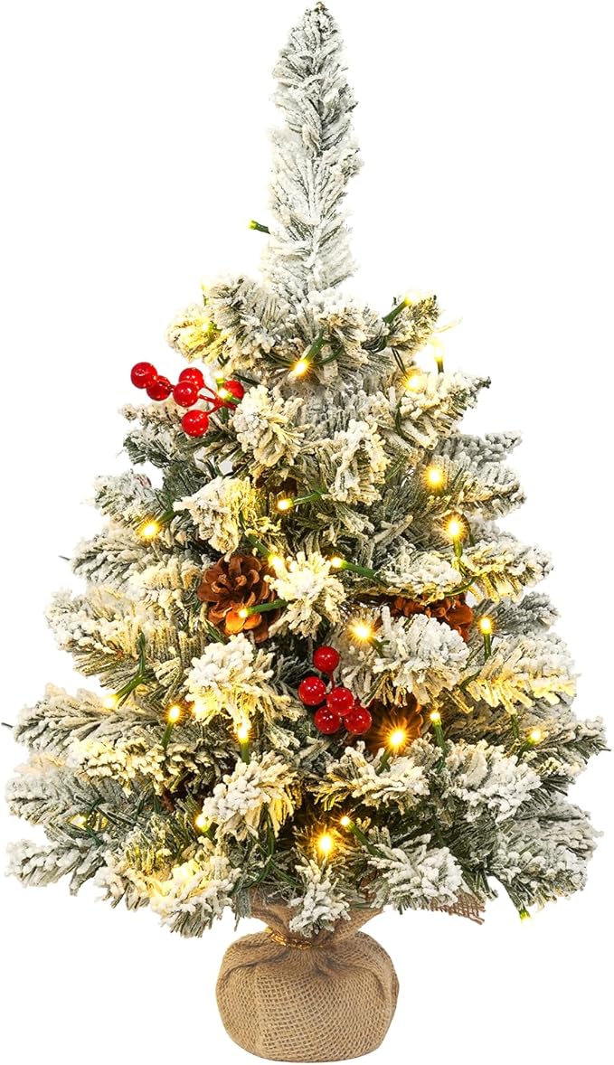 Uten Christmas Tree Flocking Snow Small Pine Cones/red Fruits, 50 LED Waterproof Battery Box with Cement Base Mini Christmas Tree Decorations for Home, Office, Party