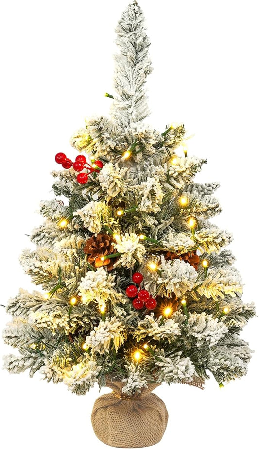 Uten Christmas Tree Flocking Snow Small Pine Cones/red Fruits, 50 LED Waterproof Battery Box with Cement Base Mini Christmas Tree Decorations for Home, Office, Party