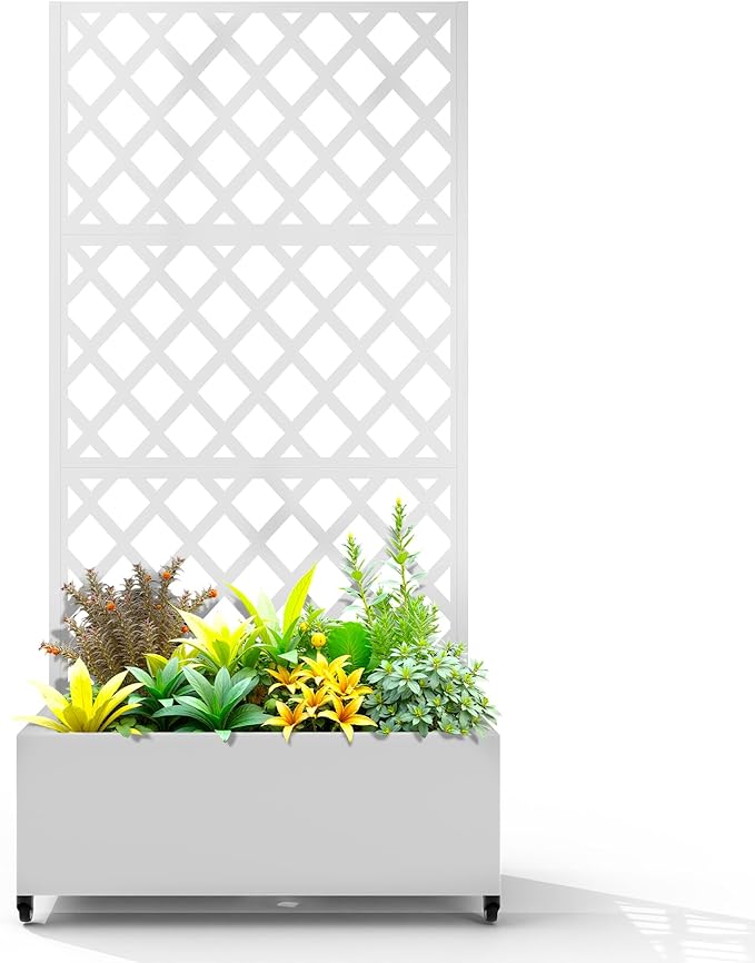 Metal Planter Box with Trellis, Planter Box with Privacy Screen, Privacy Trellis Outdoor for Climbing Plants with Drainage Holes, Raised Garden Bed with Wheels