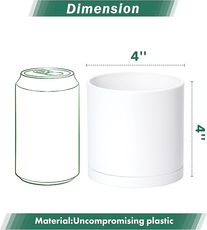 D'vine Dev 6 Pack 4 Inch Modern Plastic Plant Pots, Small Garden Planters for Plant with Drainage Holes and Saucers, White Color, 74-Z-E-3