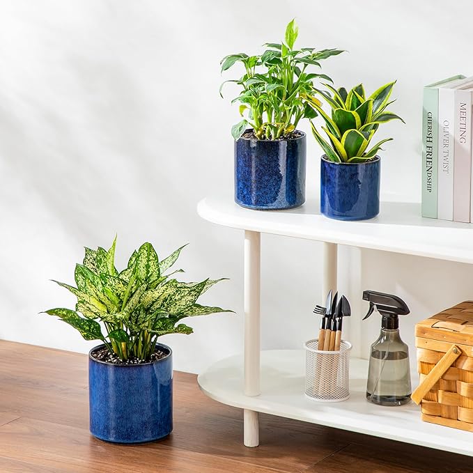 vancasso Ceramic Plant Pots, 4.25+5.25+6.25 Inch Planter Pot with Drainage Hole, Flower Pots for Indoor Outdoor Plants, Set of 3, Blue