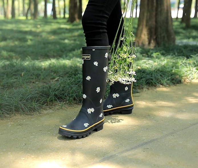Rongee Rain Boots for Women Waterproof Garden Outdoor Mud Boots Printed with Adjustable Buckle