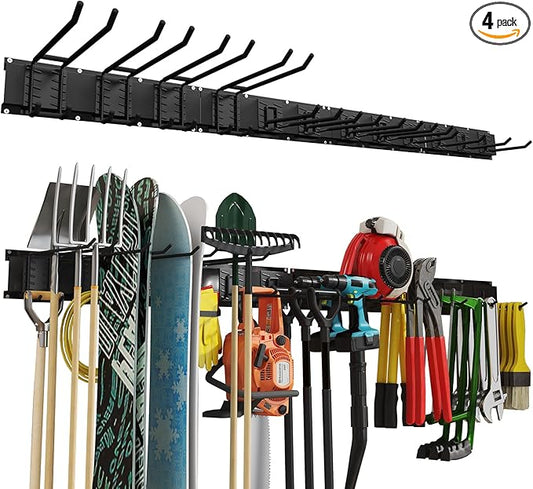 64 Inches Garage Organization, Wall Mount Garden Tool Organizer, 880lbs Adjustable Heavy Duty Metal Hanging Hooks, Garden Tool Storage Rack for Garage, Yard, and Shed (4 Racks, 12 Hooks)