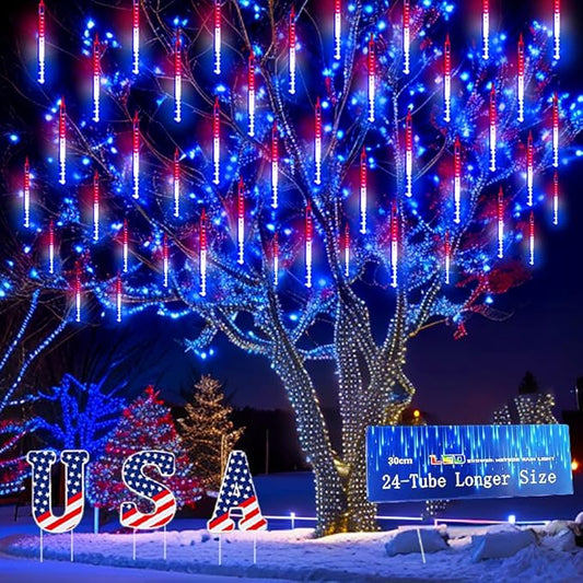 Kwaiffeo 4th of July Decorations Outdoor Red White and Blue Meteor Shower Lights for Patriotic Independence National Memorial Day Decorations, 24 Tubes(Equivalent to 3 Sets of 8-Tubes)