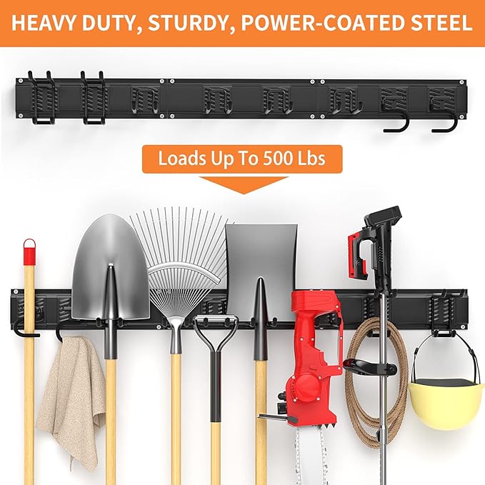 Garage Tool Organizer Wall Mount Garden Tool Organizer 11pcs Adjustable Garage Organizers with 8 Heavy Duty Hooks, Max Load 500lbs Garage Storage for Yard Garden Tools, Shovels, Trimmers, Hoses