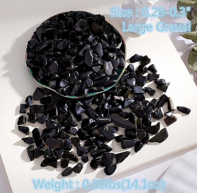 QINJIEJIE 400G Black Obsidian Crystal Polished Rocks 0.3-0.4" Tumbled Stones Chips Stone Crushed Quartz Natural Gem Home Decoration Aquarium Plants Cacti Vase Filler Landscape Bottom Ornament 0.9lb