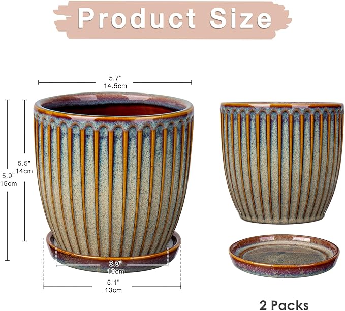 Oairse Ceramic Pots for Indoor Plants, 5.7 inch Pots for Plants Set of 2 Brown Planters with Drainage Holes and Saucers Texture Ceramic Planters Indoor Outdoor for Succulent