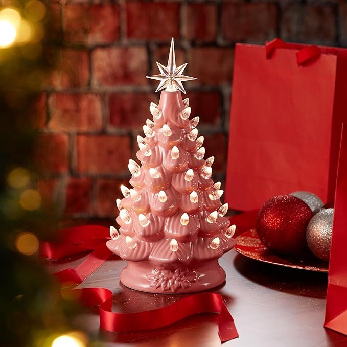 Casafield Hand Painted Ceramic Christmas Tree, Pink 12-Inch Pre-Lit Tree with 100 Multi Color Lights and 2 Star Toppers