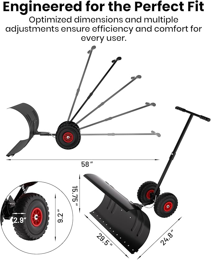 29" Snow Pusher Shovel with Wheels, Adjustable Ergonomic T-Handle Snow Plow for Driveway, Heavy Duty Wheeled Rolling Shovels for Driveway and Sidewalks with Angeled Blade