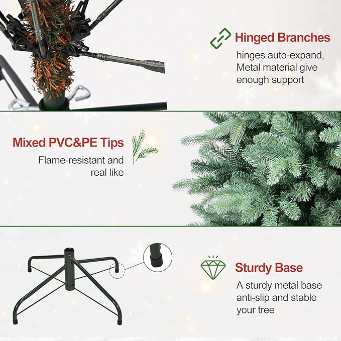7 Ft Pre-Lit Artificial Christmas Tree, w/ 500 LED Warm Lights, 1838 PE&PVC Mixed Branch Tips, Faux Xmas Tree for Home, Office, Party Decoration, Easy Assembly, Metal Hinges & Foldable Base