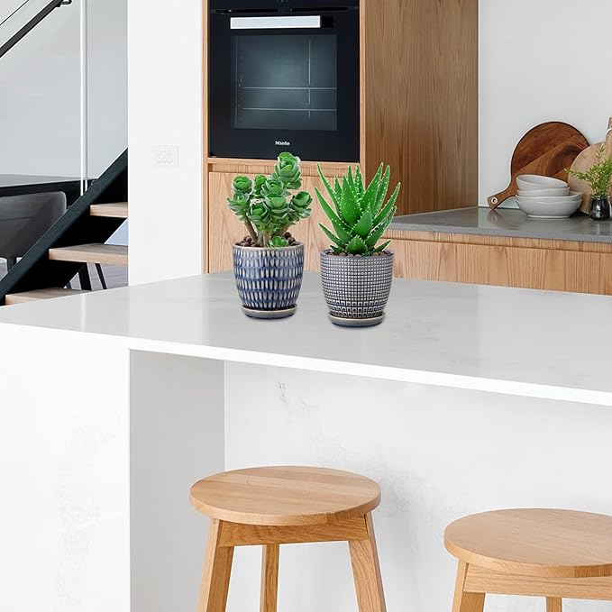 Oairse 4 inches Ceramic Planter Pots 3 Set of Small Round Flower Pots with Drainage Hole and Ceramic Tray for Succulents Cactus Indoor Outdoor Garden Home Windowsill