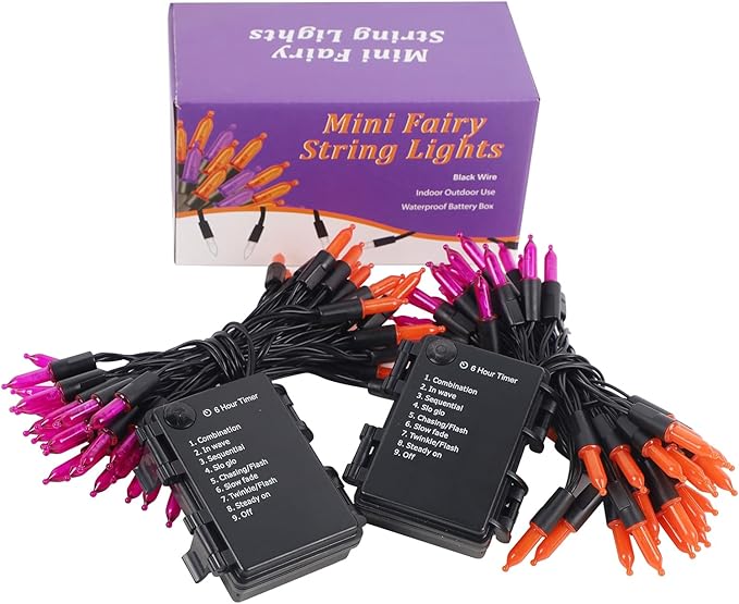 WATERGLIDE 2 Pack 50 LED Outdoor Halloween Lights, 16 FT Mini String Light with 8 Modes, Waterproof Battery Operated Tree Lights for Indoor Outdoor Patio Garden Party Decoration, Orange & Purple