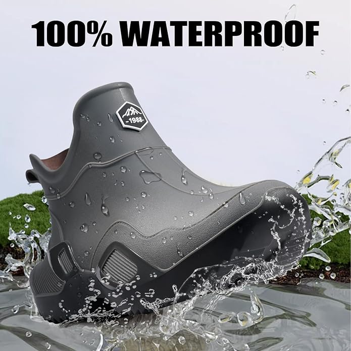 Women's Ankle Rain Boots - Slip On Waterproof Festival & Garden Shoes for Men - Comfortable Lightweight Rubber Wellies with Decorative Buckle