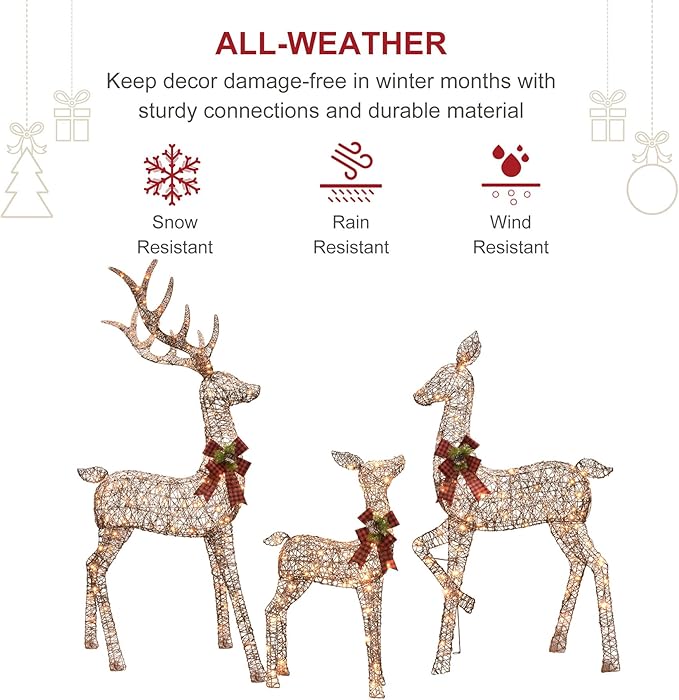 HOYECHI 6.5 FT Oversized Christmas Decorations Outdoor Lighted Reindeer – 3-Piece 3D Deer Family Set with 340 Warm White LED Lights for Yard, Lawn, Garden & Porch Holiday Display - Rattan