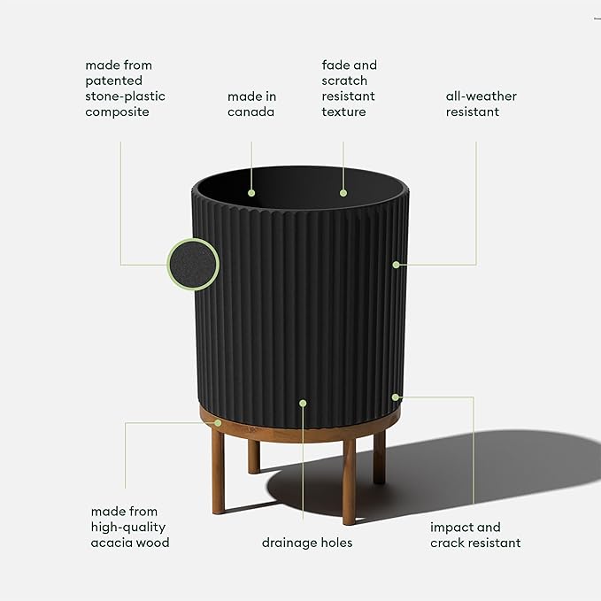 Veradek Demi Series Round Planter w/Stand for Porch/Patio | Durable Plastic-Stone Composite & Wooden Stand | Modern Décor for Tall Plants, Flowers